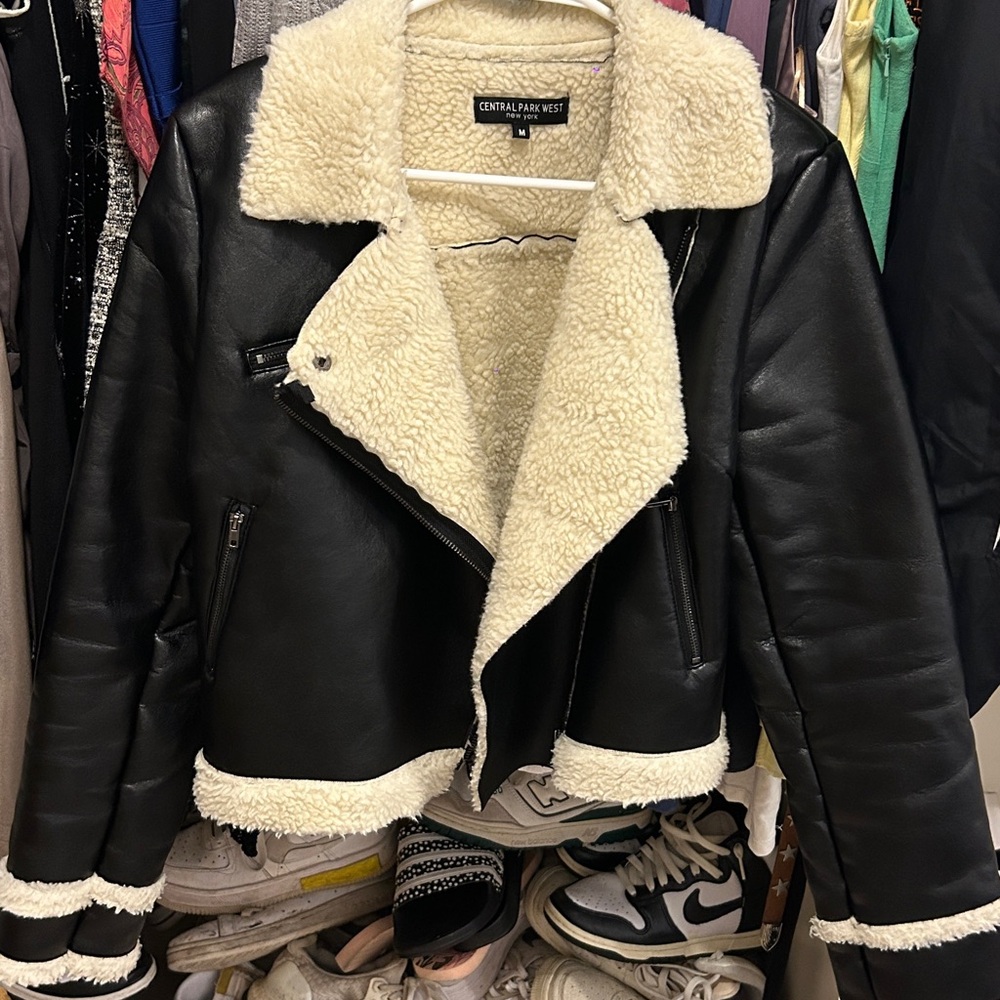 Central Park West Black and Cream Leather Moto Jacket